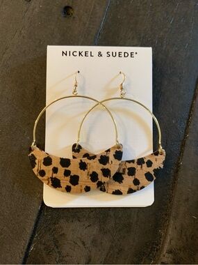 Nickel & Suede Leopard Print Cork Hoop Earrings - Tan and Black
